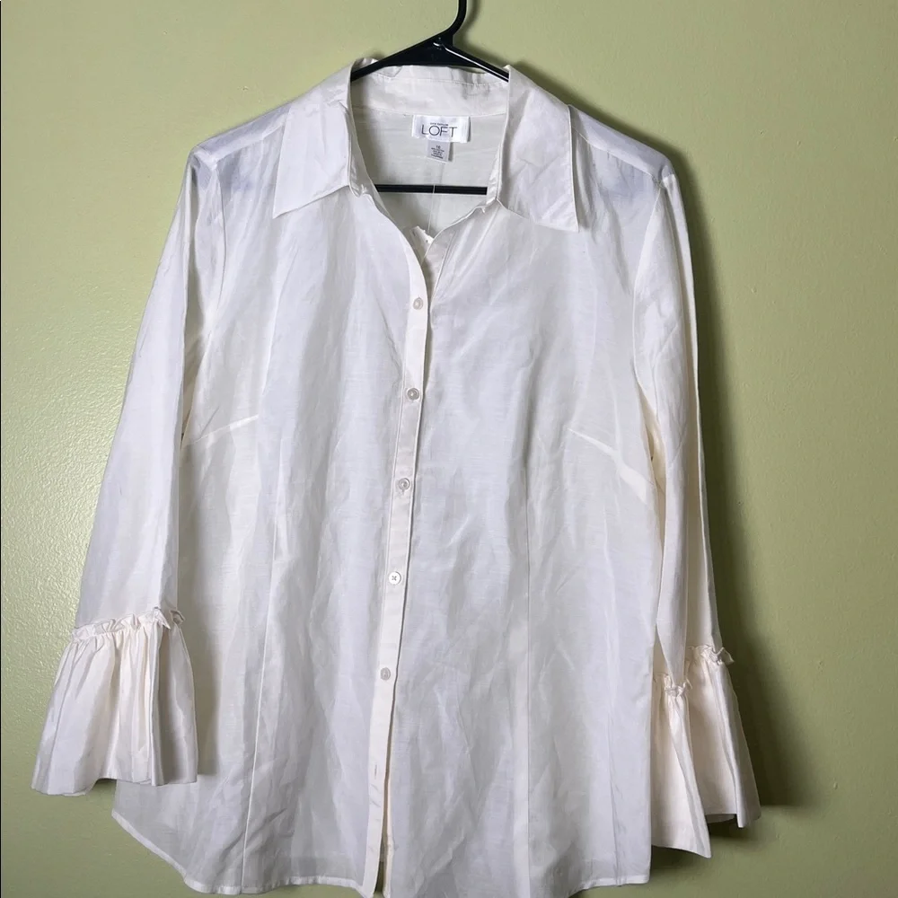 LOFT Cream Button Down Shirt with Bell Sleeves - Picture 2 of 5